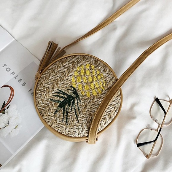 Tropical Pineapple Embroidered Round Straw Crossbody Bag - Picture 8 of 16